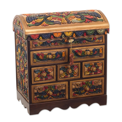 Painted Cedar Wood and Leather Jewelry Box from Peru