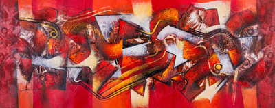 Unique Abstract Oil Painting in Red from Peru