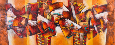 Unique Abstract Oil Painting in Brown and Gold from Peru