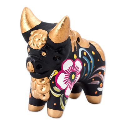 Hand Painted Ceramic Floral Bull in Black from Peru