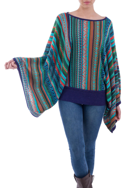Bohemian Knit Sweater from Peru in Turquoise Stripes