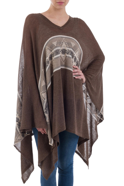 Woven Dark Brown Poncho with Stripe from Peru
