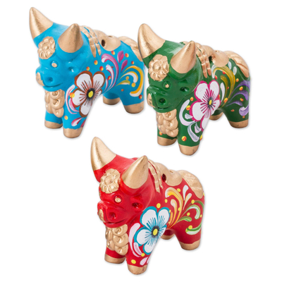 Green Blue and Red Ceramic Bull Sculptures (Set of 3)