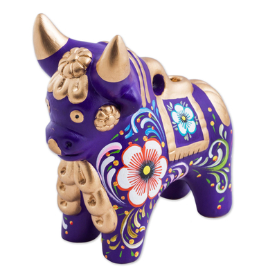 Purple Floral Painted Ceramic Bull Sculpture from Peru