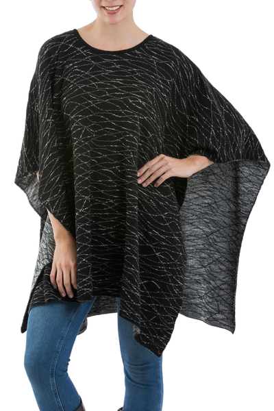 Alpaca and Wool Blend Poncho in Eggshell and Black from Peru