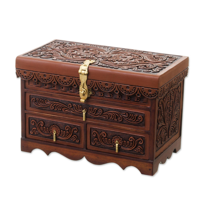 Leather and Wood Wood Jewelry Box with Bird Motifs