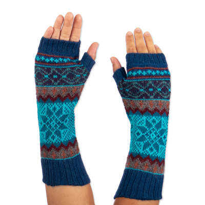 100% Alpaca Fingerless Gloves in Azure and Smoke from Peru
