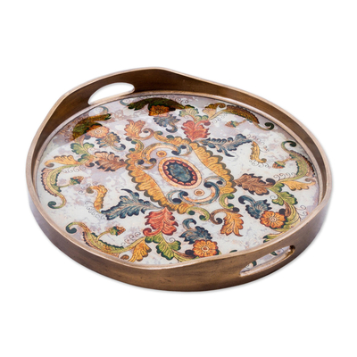 Reverse Painted Glass Tray with Elegant Floral Motifs