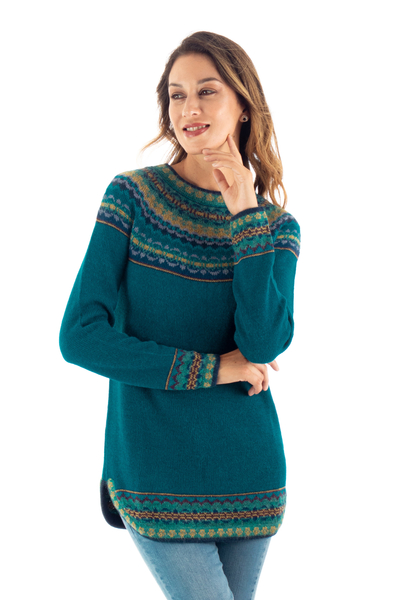 Teal & Blue 100% Alpaca Pullover Patterned Peruvian Sweater