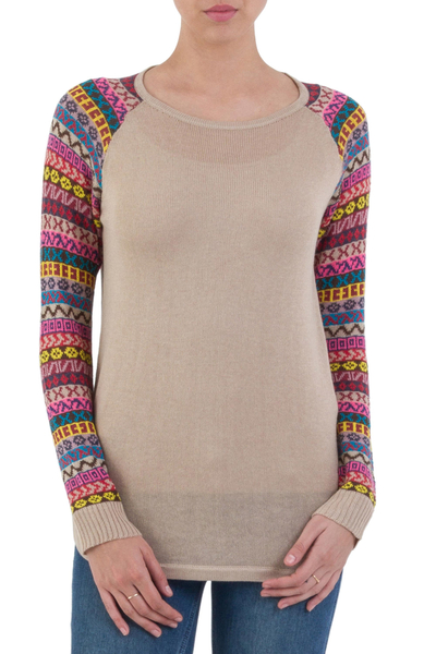 Pale Beige Tunic Sweater with Multi Color Patterned Sleeves