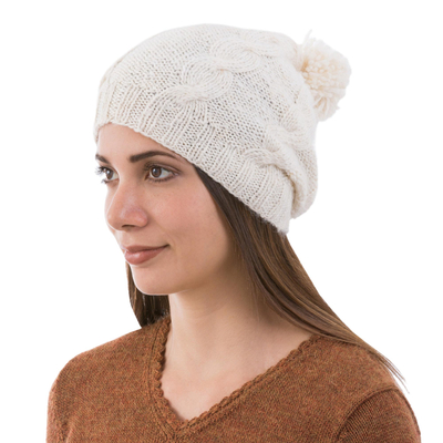 Natural 100% Alpaca Knit Hat with Braid Motif