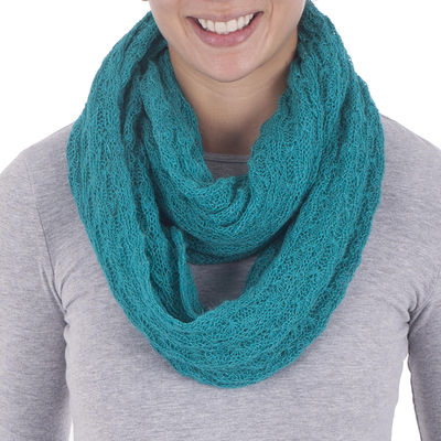 Alpaca Blend Knit Infinity Scarf in Teal from Peru