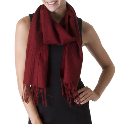 Rich Red Patterned Scarf Knit in Alpaca and Pima Cotton