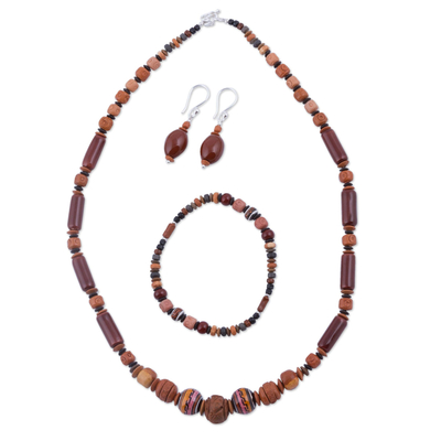 Sterling Silver and Ceramic Brown Jewelry Set from Peru