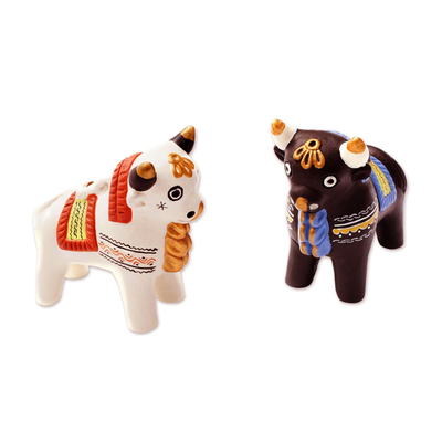 Ornate Brown and White Andean Bull Figurines (Pair)