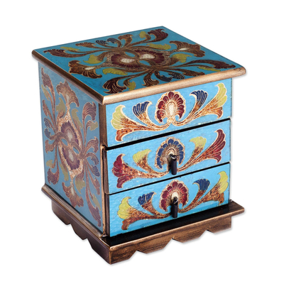 Blue Reverse Painted Glass Decorative Chest from Peru