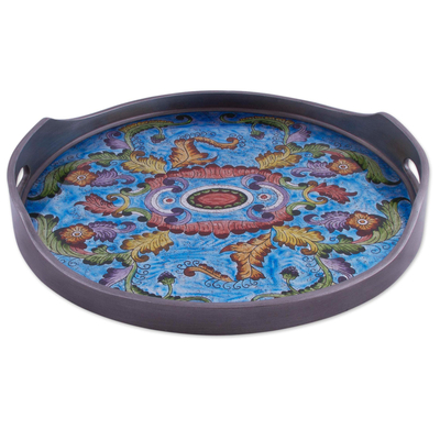Reverse Painted Glass Floral Tray in Blue from Peru