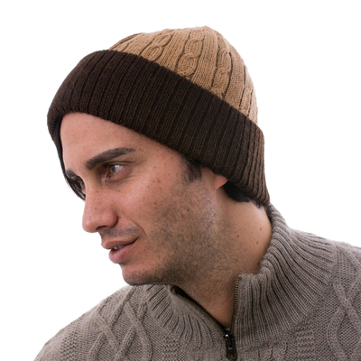 Knit 100% Alpaca Hat in Tan and Mahogany from Peru