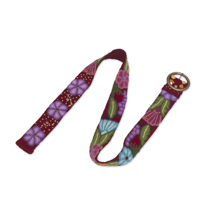 Embroidered Floral Wool Belt in Cherry from Peru