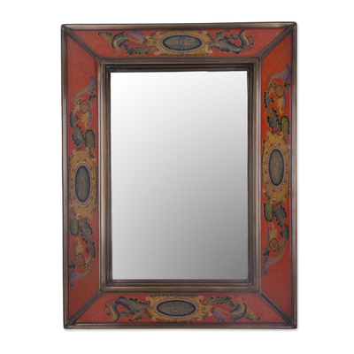 Floral Reverse Painted Glass Mirror in Scarlet from Peru