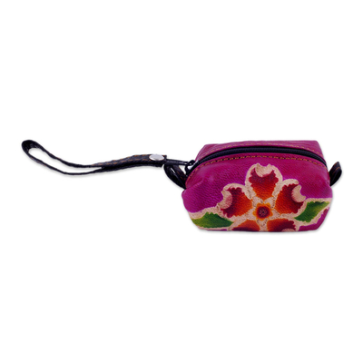 Handcrafted Floral Leather Coin Purse in Cerise