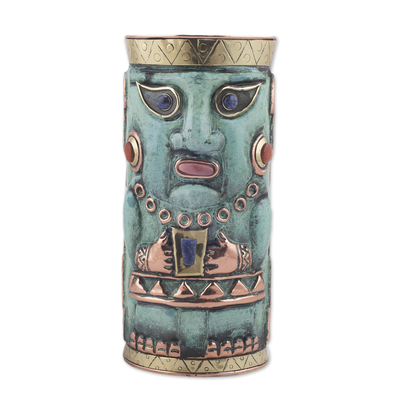 Gemstone-Accented Copper Decorative Vase from Peru