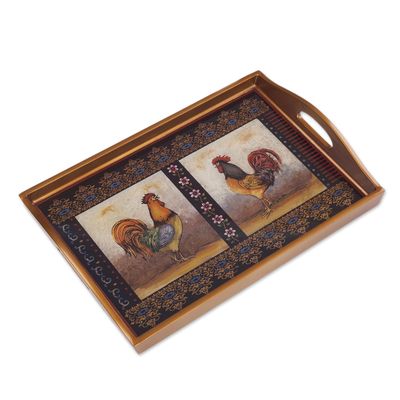 Rooster-Themed Reverse Painted Glass Tray