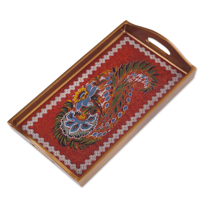 Red Floral Reverse-Painted Glass Tray from Peru