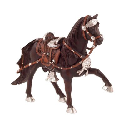 Sterling Silver and Mahogany Horse Sculpture from Peru