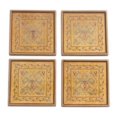 Four Floral Gold-Tone Reverse Painted Glass Coasters
