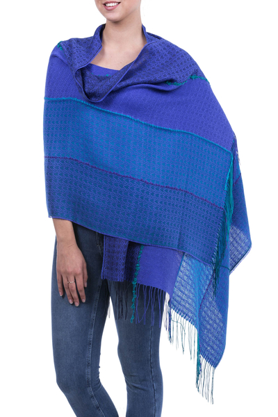 Handwoven Alpaca Blend Shawl with Blue Stripes from Peru