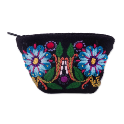 Floral Embroidered Alpaca Blend Coin Purse from Peru