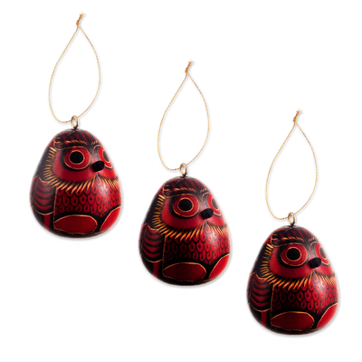 Artisan Crafted Dried Gourd Red Owl Ornaments (set of 3)