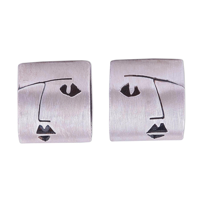 Face Motif Sterling Silver Button Earrings from Peru