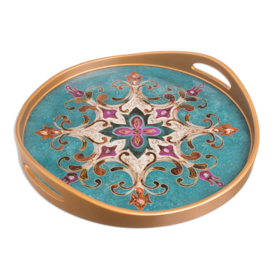 Reverse Painted Glass and Wood Turquoise Floral Round Tray