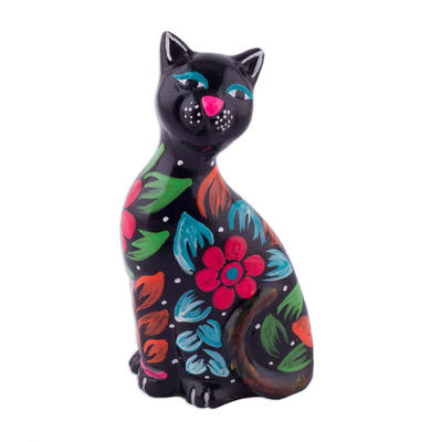 Ceramic Figurine of a Floral Black Cat from Peru