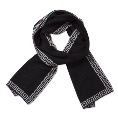 Reversible Ivory and Black Alpaca Blend Knit Scarf from Peru