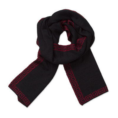 Red and Black Reversible Alpaca Blend Knit Scarf from Peru