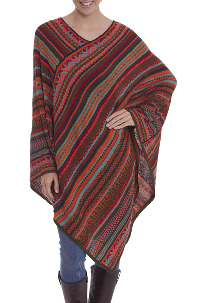 Red and Multi-Color Striped Acrylic Knit Poncho
