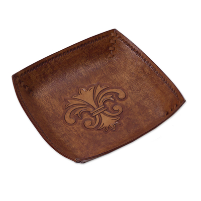 Peru Handcrafted Tooled Leather Andean Fleur-de-Lis Catchall