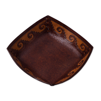 Handcrafted Tooled Leather Inca Wave Motif Catchall