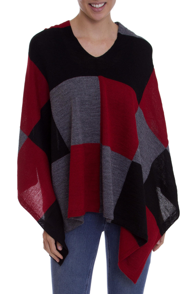 Baby Alpaca Knit Poncho with Red Grey and Black Squares