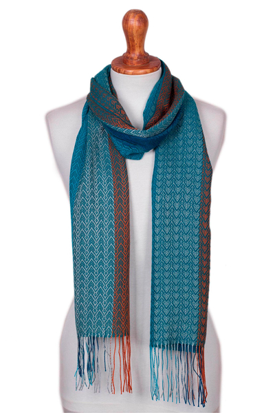 Baby Alpaca Blend Hand Woven Blue and Orange Striped Scarf