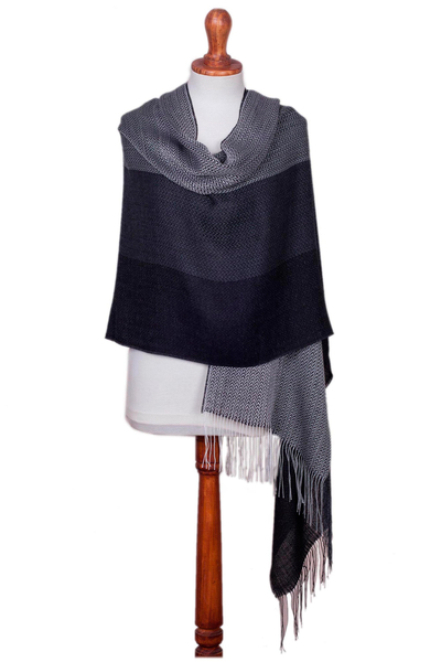 Handwoven Black and Grey Baby Alpaca Blend Shawl from Per