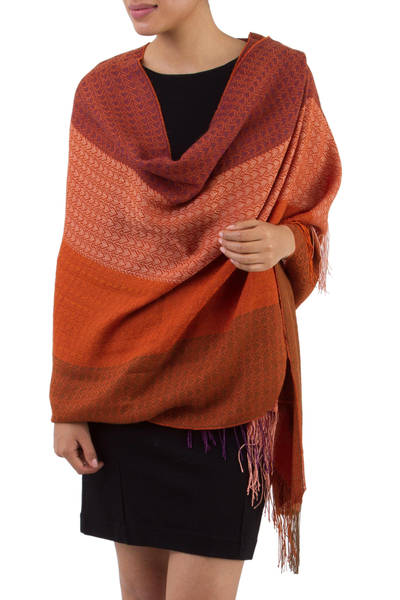 Handwoven Red and Orange Baby Alpaca Blend Shawl from Peru
