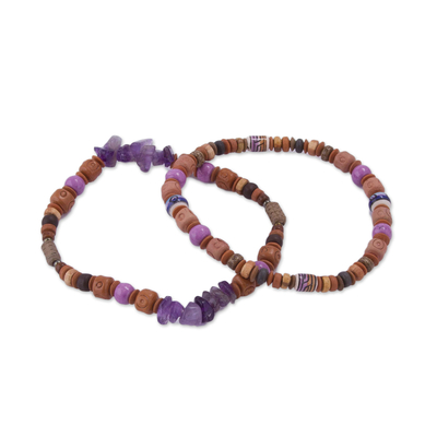 Two Amethyst and Ceramic Beaded Stretch Bracelets from Peru