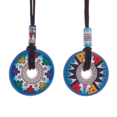 Pair of Blue and White Geometric Ceramic Pendant Necklaces