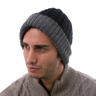 Peruvian 100% Alpaca Reversible Black and Grey Ribbed Hat