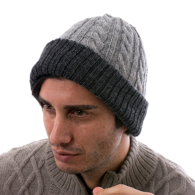 Light and Dark Grey Reversible 100% Alpaca Hat from Peru
