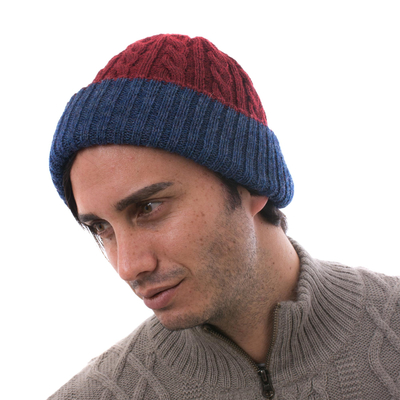 Cranberry and Blue 100% Alpaca Reversible Knit Hat from Peru